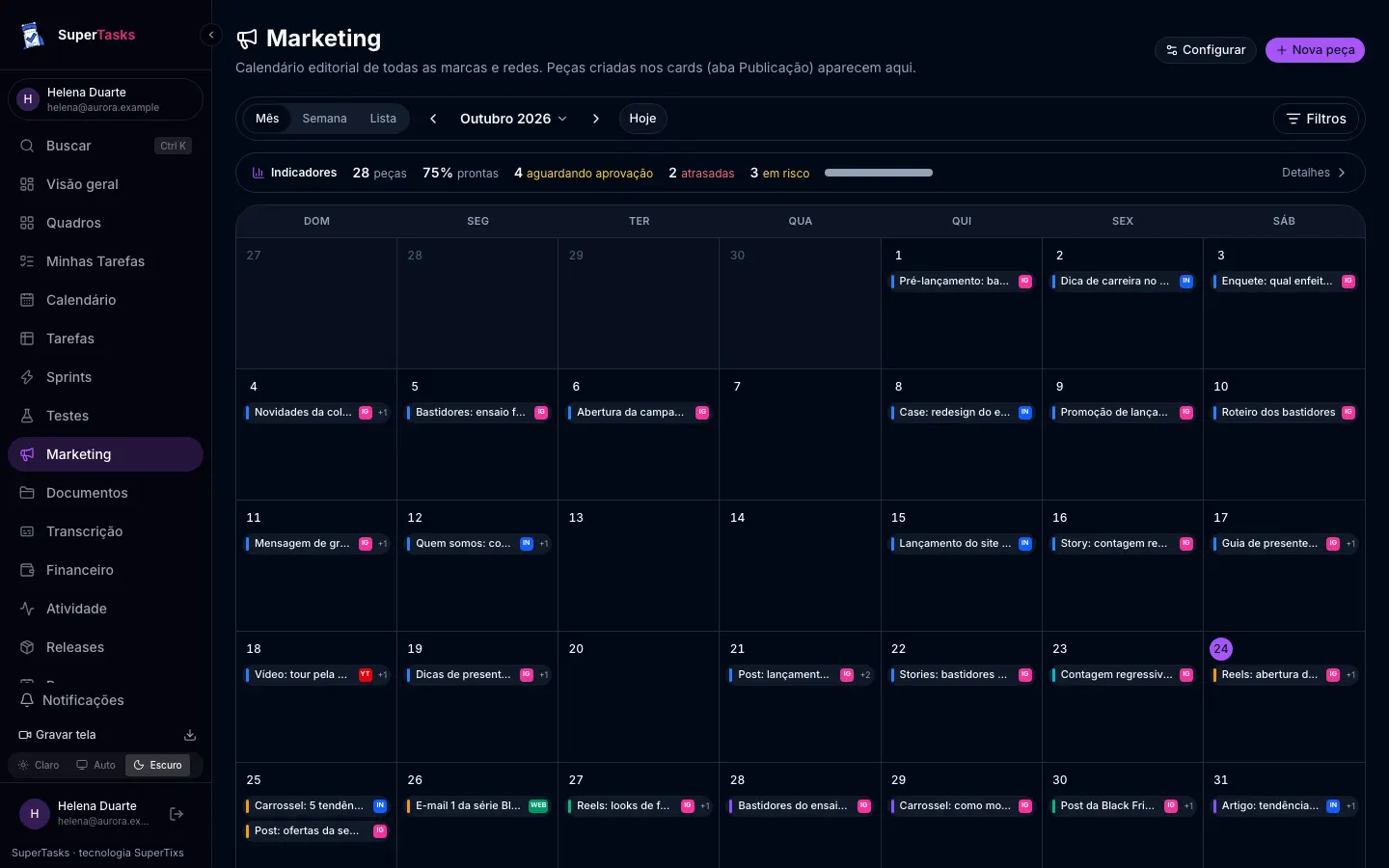 Calendário editorial de uma agência no SuperTasks