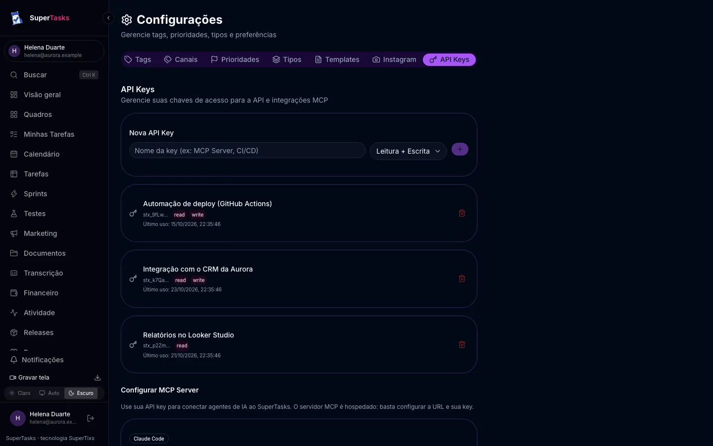 Configurações de integrações e chaves de API do SuperTasks
