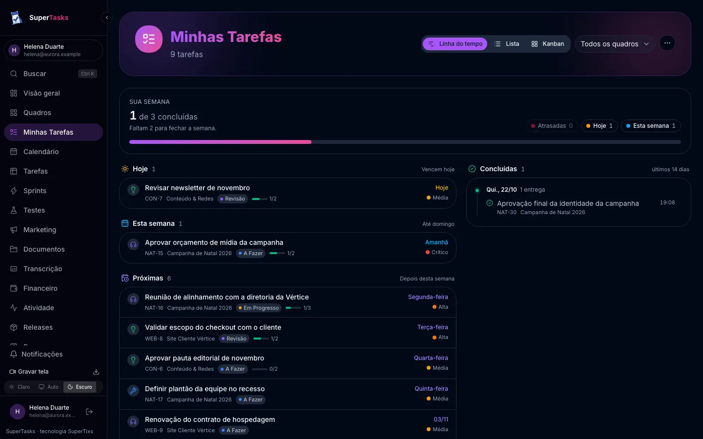 Minhas Tarefas no SuperTasks com prazos e atrasos