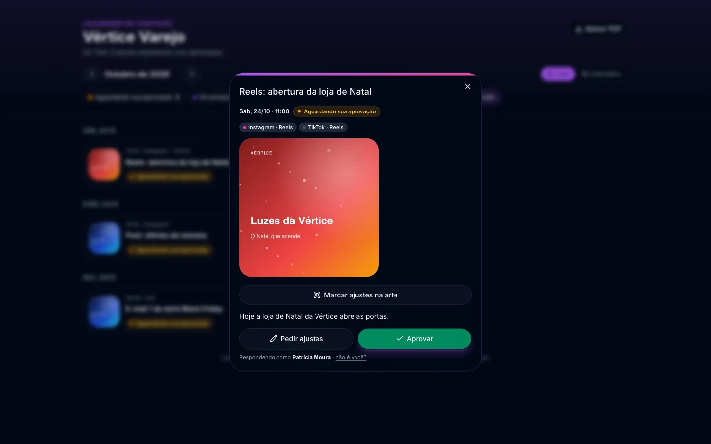 Portal do cliente do SuperTasks com peças para aprovação