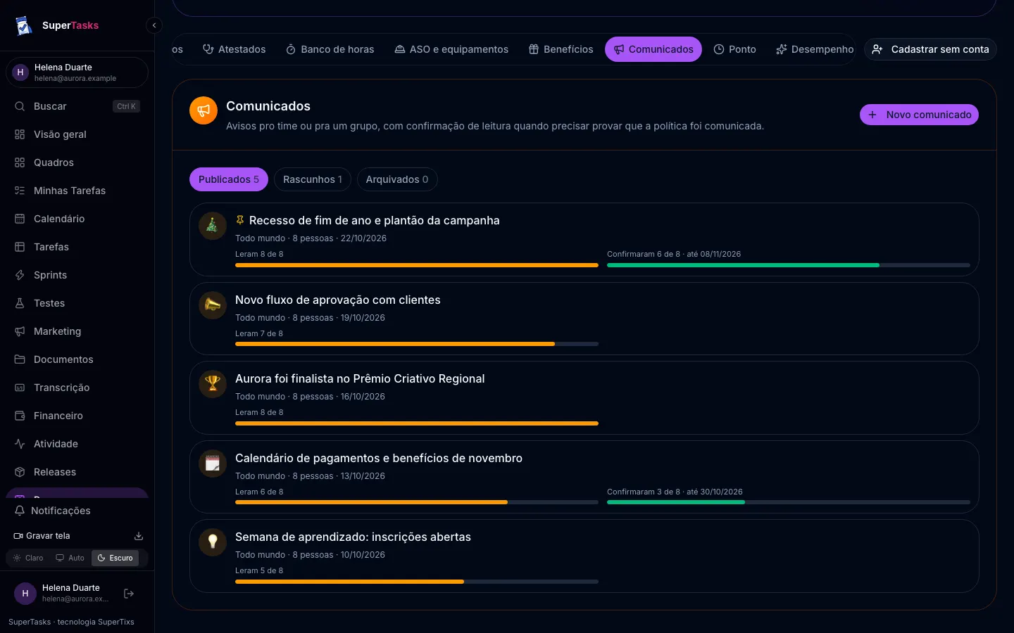 Comunicados com recibo de leitura no módulo de RH